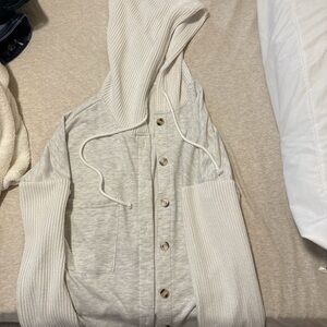 White/Gray Hooded Cardigan with Button Front